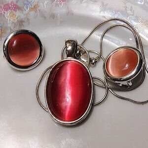 Vtg Roman RMN Pink Cats Eye Oval Pendent Silver Tone Necklace Clip Earrings Set